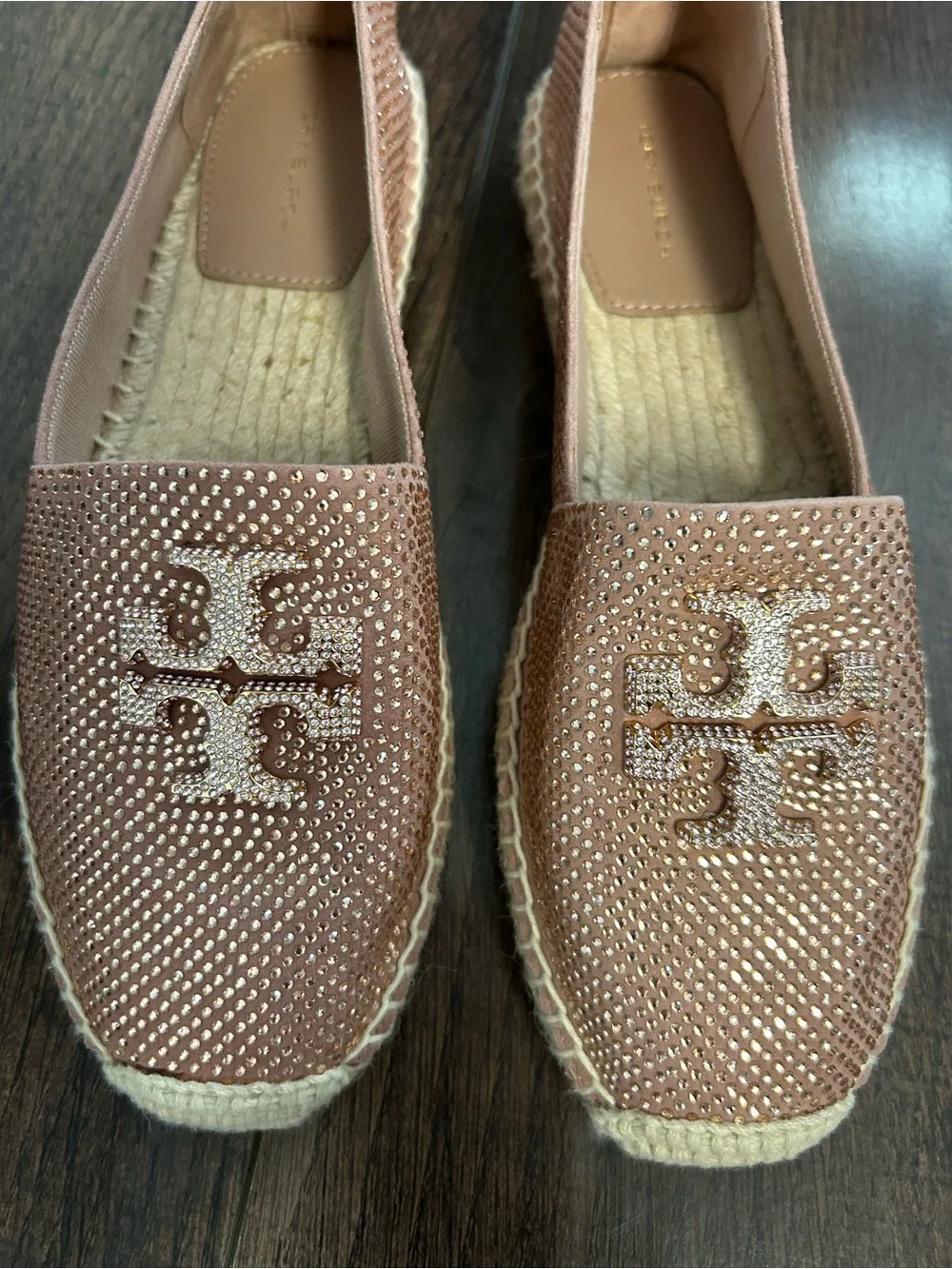 Tory Burch Blush Pink Crystal Logo Espadrille Flats